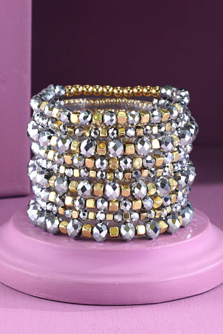 Silver 9 Set Colorful Stackable Beaded Stretch Bracelet
