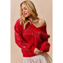 Red Christmas Sequins V Neck Sweater