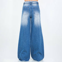 Blue Wash Drawstring Distressed Wide Jeans
