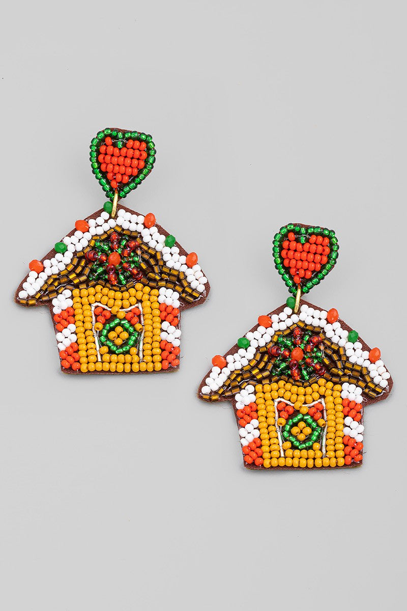 Brown Beaded Gingerbread House Christmas Earrings 11/1/23 7469
