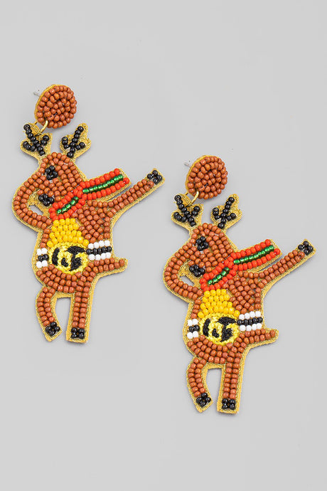 Brown Beaded Dabbing Reindeer Christmas Earrings 11/1/23 7450