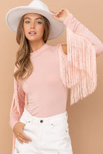 Blush Rayon Jersey Mock Neck Shoulder Fringe Bodysuit