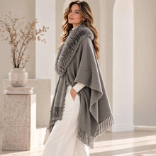 Black Faux Fur Collar Trim Fringe Shawl Poncho