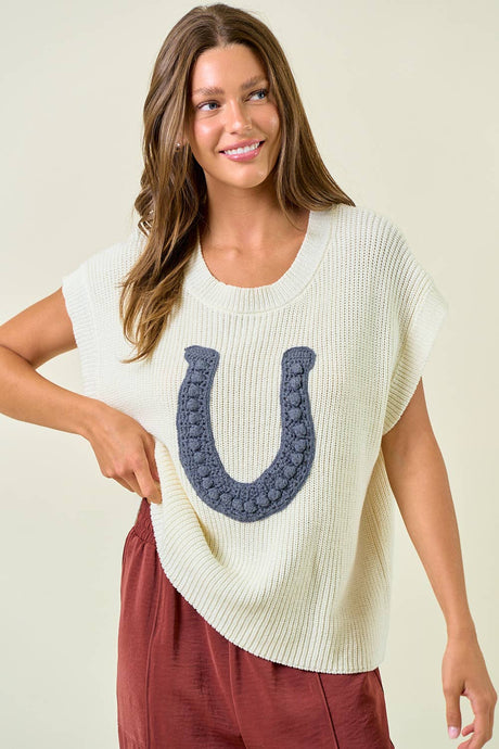 Cream Horseshoe Ribbed Sweater Vest