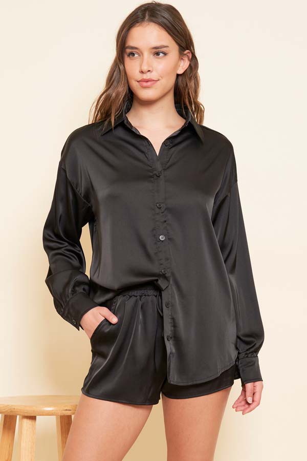 Black Button Up Satin Shirt & Shorts 7/17/25 1031