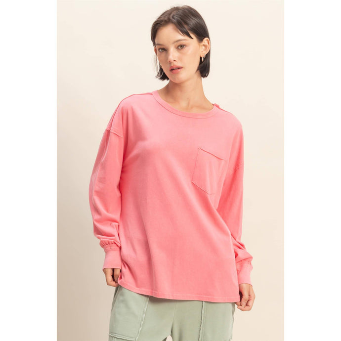 Taffy Pink Oversized Washed Long Sleeve Pocket Tee