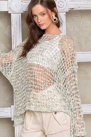 Green Oversize Fish Net Knit Multi Color POL Sweater 7/20/23 6683