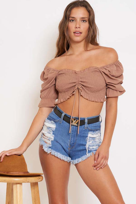 Mocha Off Shoulder Bubble Top 3/19/24 8230