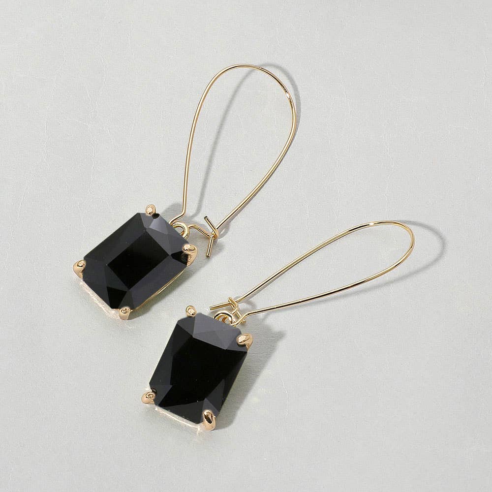 Black Emerald Cut Stone Dangle Evening Earrings