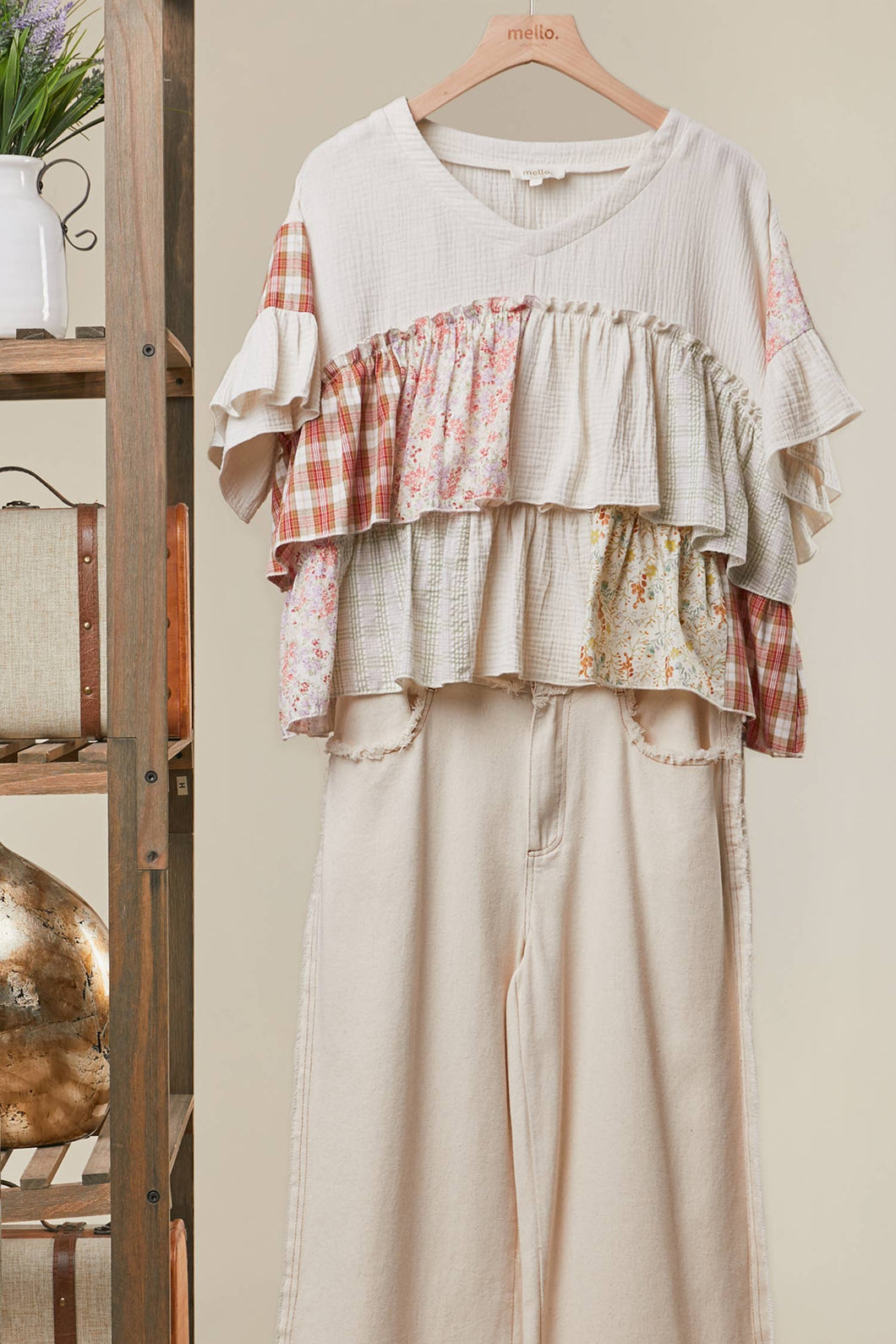 Ivory Multi Vintage Patchwork Ruffle Hem Mello Top