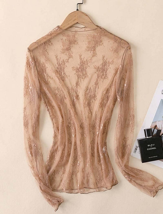 Coffee Elegant Lace Long Sleeve Top