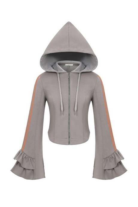 Dark Grey Orange Ruffle Bell Sleeve Hoodie
