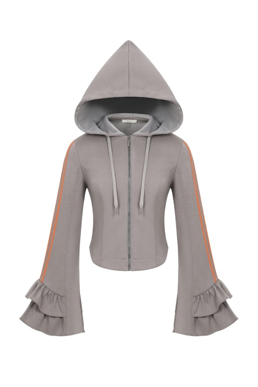 Dark Grey Orange Ruffle Bell Sleeve Hoodie