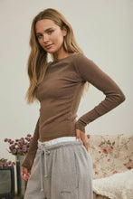 Brown Boat Neck Long Sleeve Ribbed Knit Top