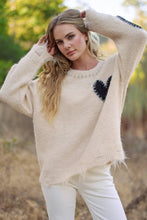 Oatmeal Long Sleeve Heart Patch Knit Sweater