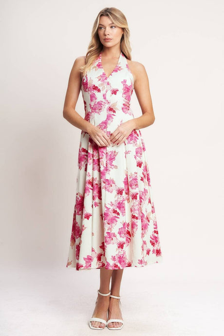 Ivory Fuchsia printed woven halter midi dress