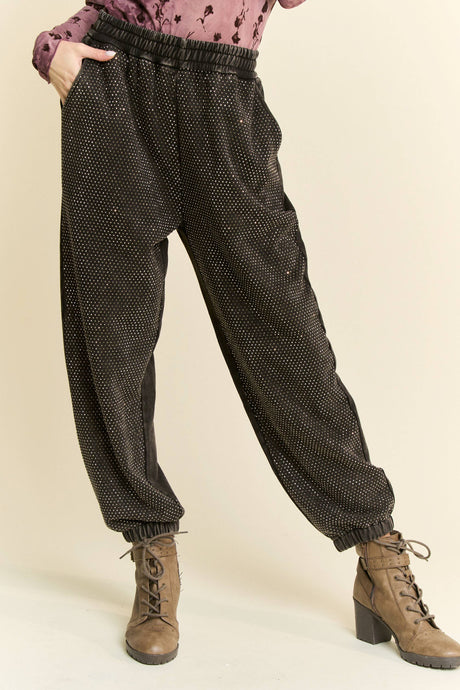 Black Rhinestone Elastic Waistband Davi & Dani Joggers