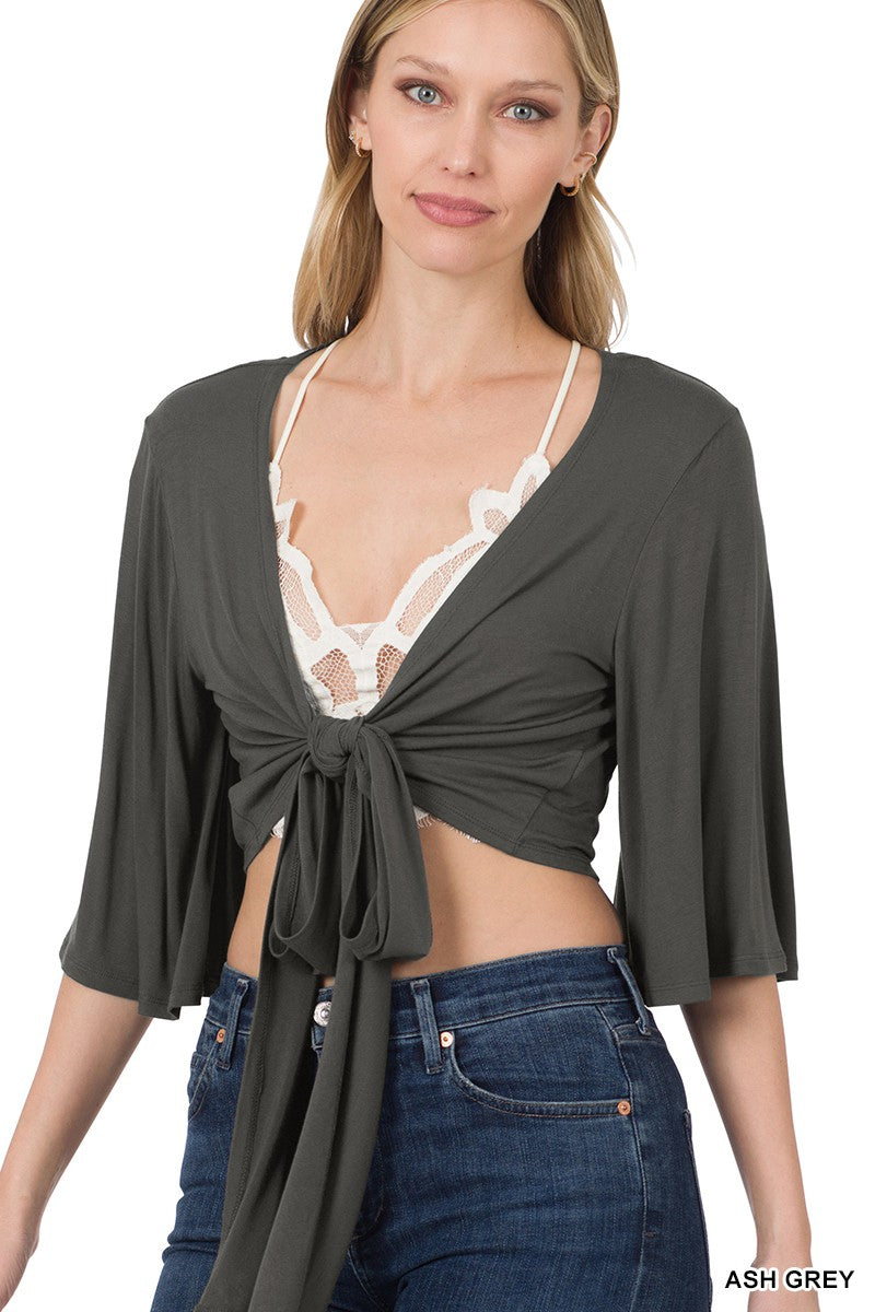Ash Grey Luxe Rayon Tie Front Cropped Zenana Cardigan 4/16/24 8450