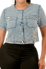 Blue Pearl & Floral Studded Cropped Denim Jacket