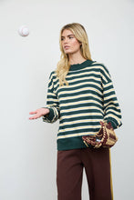 Hunter Green Contrast Wide Neck Long Sleeve Stripe Knit Top