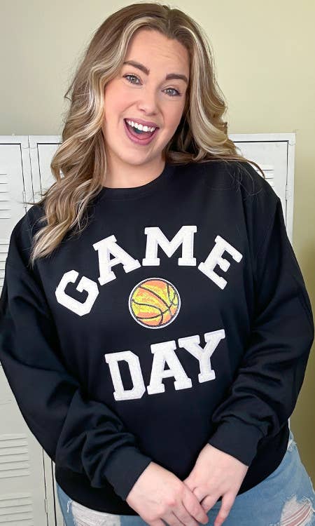 Black Game Day Sparkle Basketball Adult Sweatshirt
