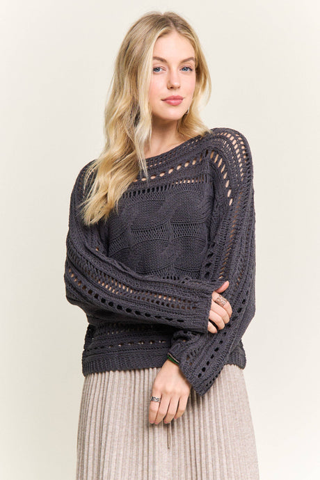 Charcoal Grey Crocheted Open Knit Pullover