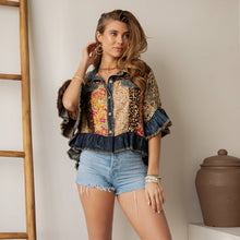 Latte Distressed Denim Crop Jacket with Ruffled Hem