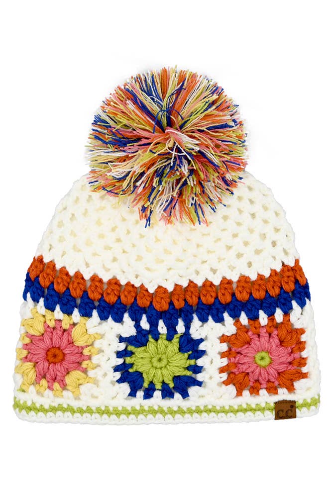 White C.C Hand Made Crochet Pom Beanie Winter Hat