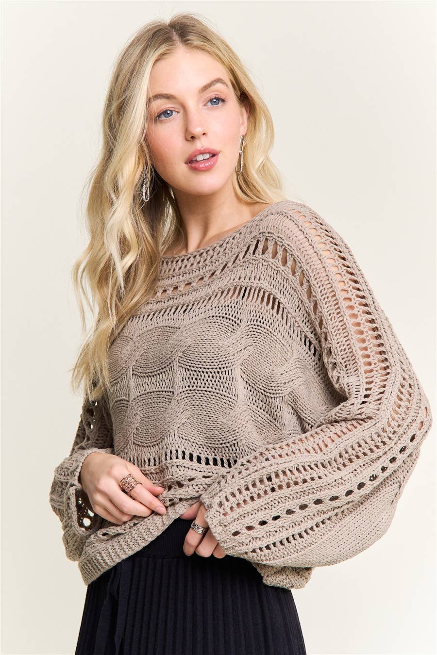 Khaki Crocheted Open Knit Pullover