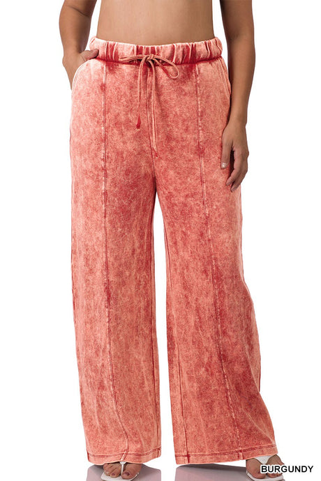 Burgundy Plus Cool Acid Wash Wide Leg Zenana Pants 11/16/23 7594