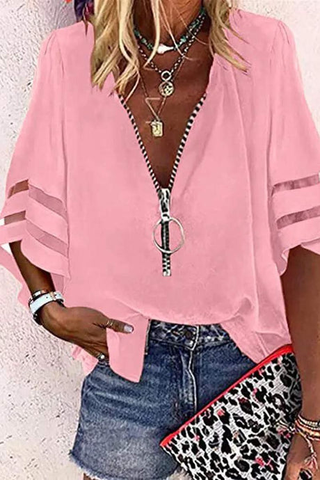Pink Contrast Mesh Bell Sleeve Zip Front Chiffon Top 5/3/24 8508