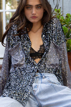 Black Grey Oversize Contrast Sleeve Sequin Woven POL Shirt 7/20/23 6692