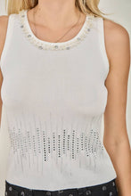 White Glam Pearl & Rhinestone Embellished Ribbed Tank Top
