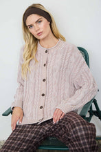 WASHED PATTERN CABLE KNIT BUTTON DOWN CARDIGAN: LIGHT KHAKI