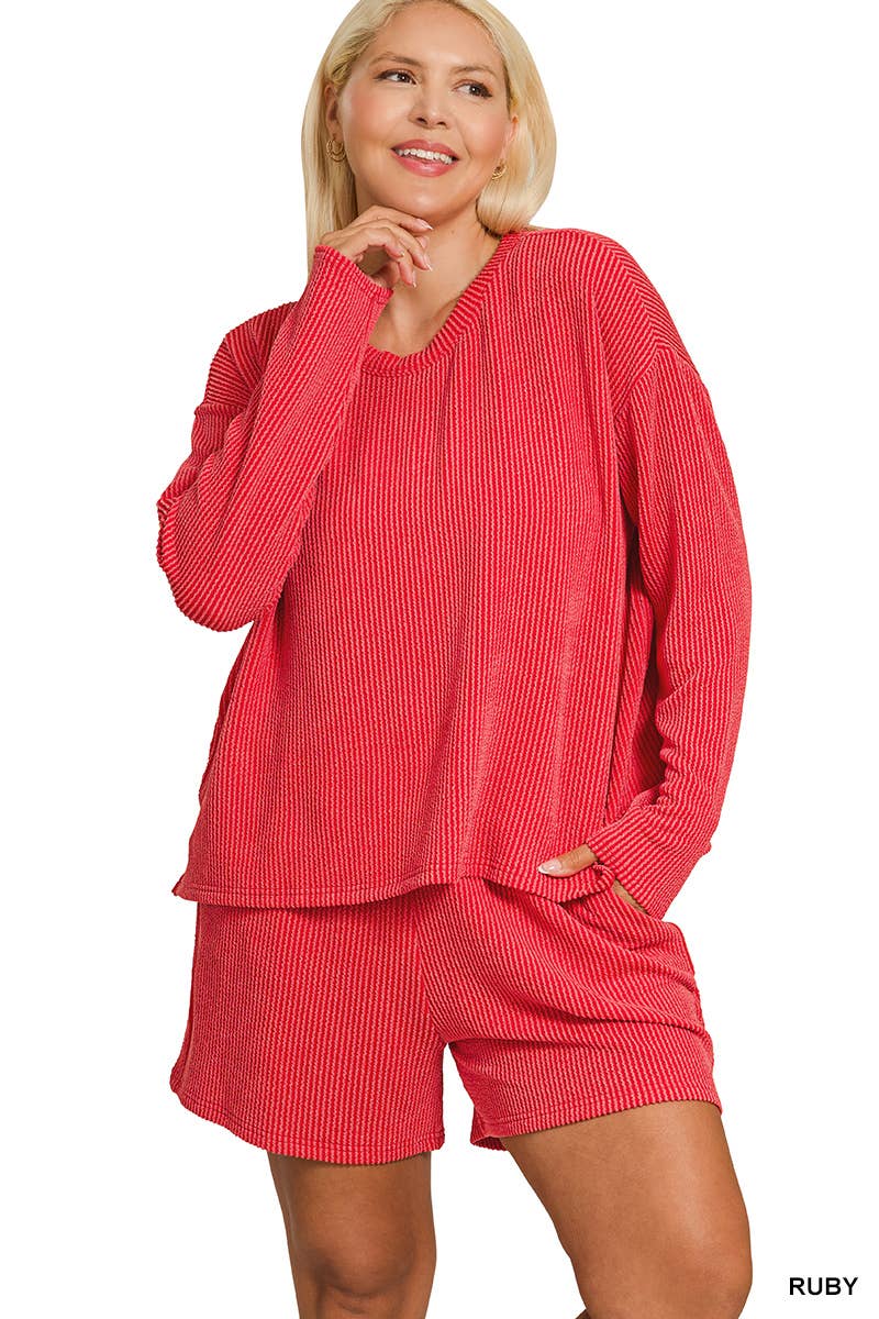 Ruby Plus Raised Rib Long Sleeve Tee And Shorts Set