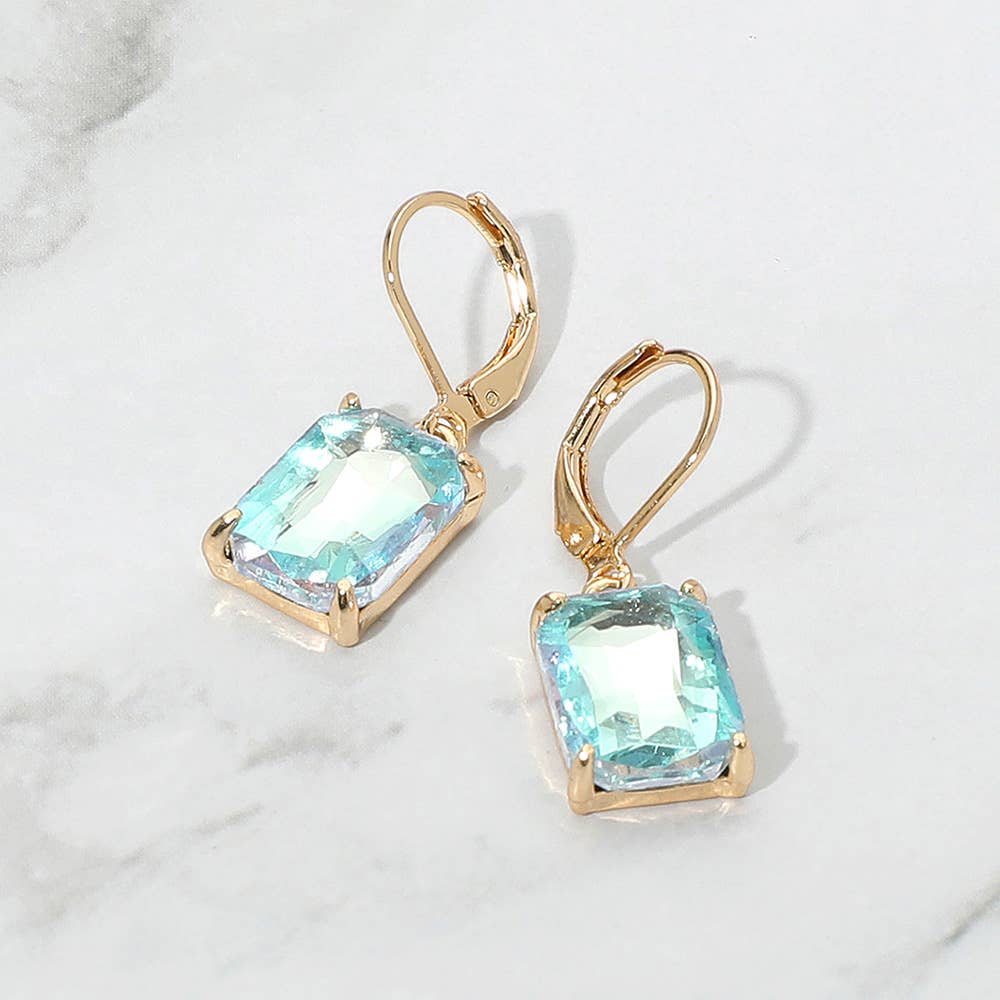 Aqua Rectangular Glass Stone Drop Dangle Earrings