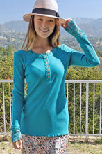 Teal Round Neck Crochet Button Long Sleeve Rib Top 2/6/24 7992