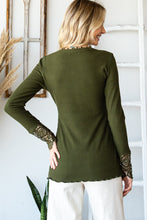 Olive Round Neck Crochet Button Long Sleeve Rib Top 2/6/24 7991