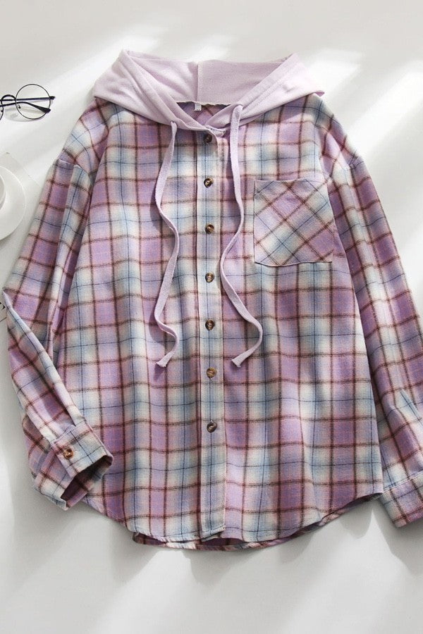 Purple Plaid Button Up Drawstring Casual Hooded Top 4/26/23 6095