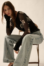 Black Floral-Print Mesh Raglan-Sleeve Henley Top