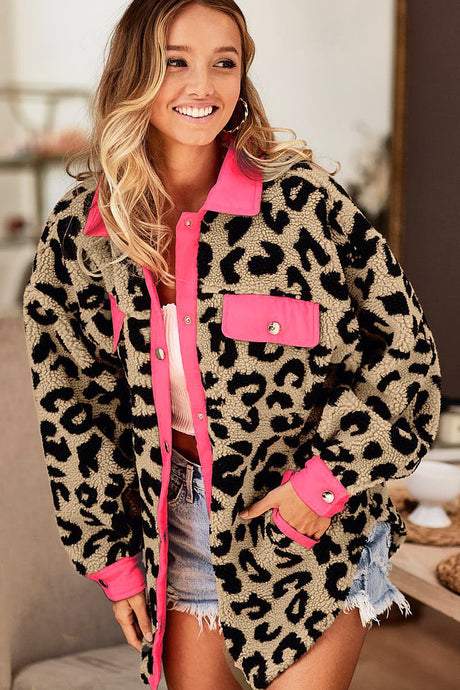 Neon Pink Oat Leopard Faux Fur Buttoned Down Bibi Jacket 10/24/23 7232