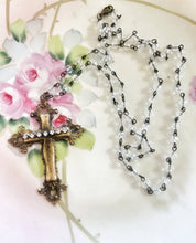 Brass Patina Filigree Rhinestone Cross Necklace Clear Beads