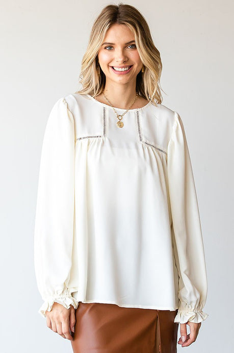 Ivory Back Button Closure Round Neck Ladder Trim Blouse 9/30/24 8985