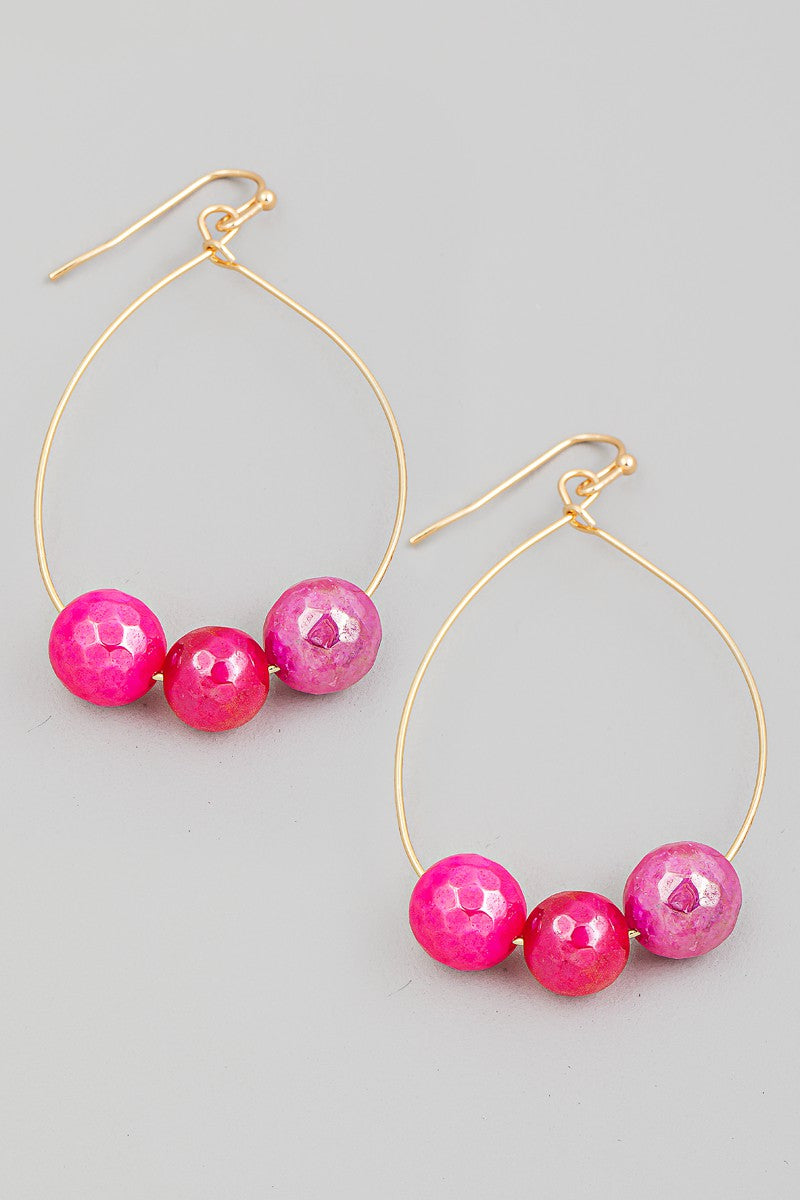 Gold Fuchsia Ball Bead Wide Hook Drop Earrings 11/1/23 7458