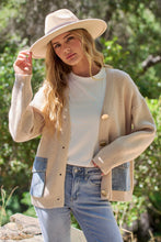 Beige Buttons Striped Denim Pockets Cardigan