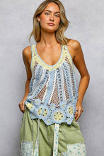 Blue Multi V-Neck Sleeveless Scalloped Edge Stripe Border Crochet POL Top