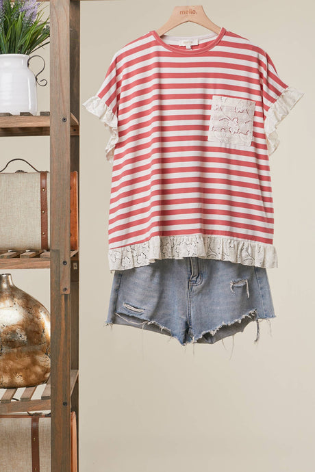 Red Striped Mello Top with Lace Trim