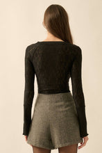 Black Floral Lace Raglan-Sleeve Henley Top