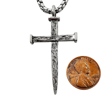 Large Rugged Antique Silver Nail Cross Pendant Necklace