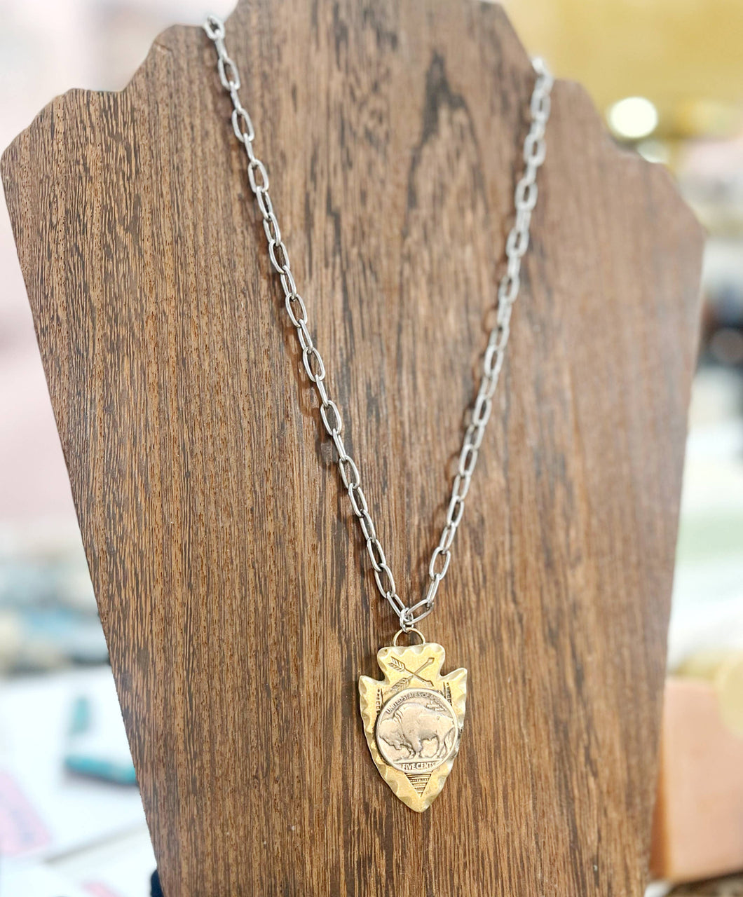 Brass Arrowhead Buffalo Nickel Silver Metal Chain Necklace